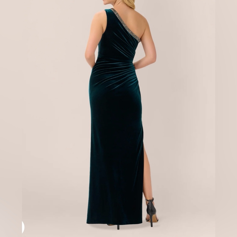 VELVET ONE SHOULDER GOWN WITH BEADED NECKLINE IN HUNTER